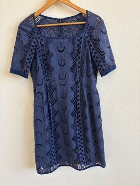 Nanette Lepore Blue Guipure Lace Scalloped Sheath Dress - Square Neck - Size 8
